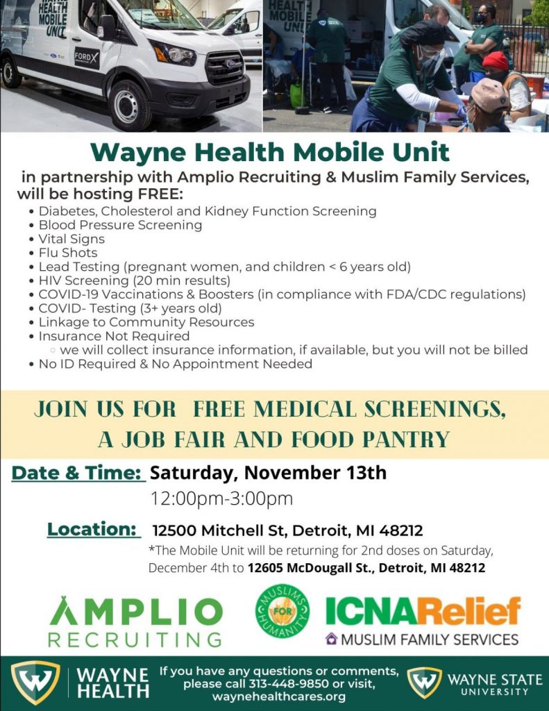 Detailed information about the Free Medical Screenings, Job Fair and Food Pantry