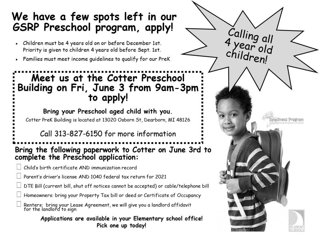 Special Enrollment Day for Free GSRP Preschool Program Set for June 3