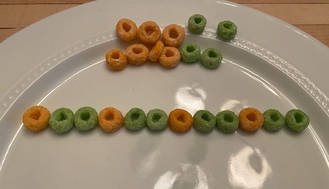 A white plate with a pattern of orange and green fruit loops.  Patter is one orange, two green, one orange, two green
