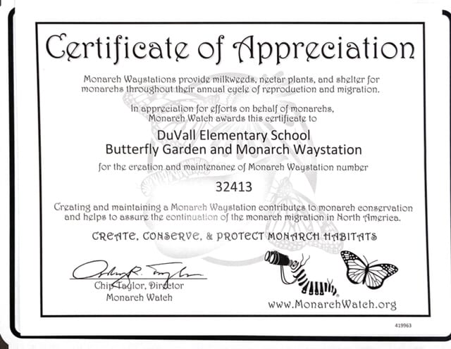 certification of appreciation for duvall elementary that we are a monarch waystation