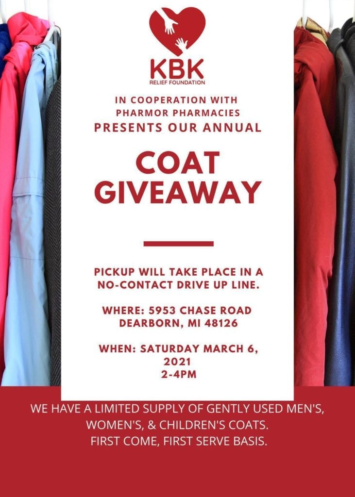 Flyer for Coat Giveaway March 6 2021 2pm-4pm at 5953 Chase Rd Dearborn MI.