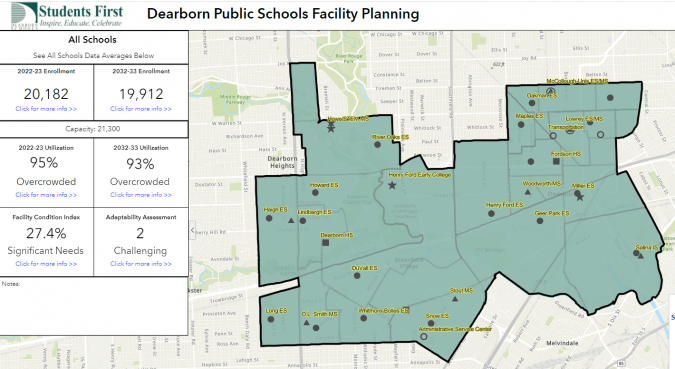 A map showing facility conditions in schools in Dearborn Public Schools
