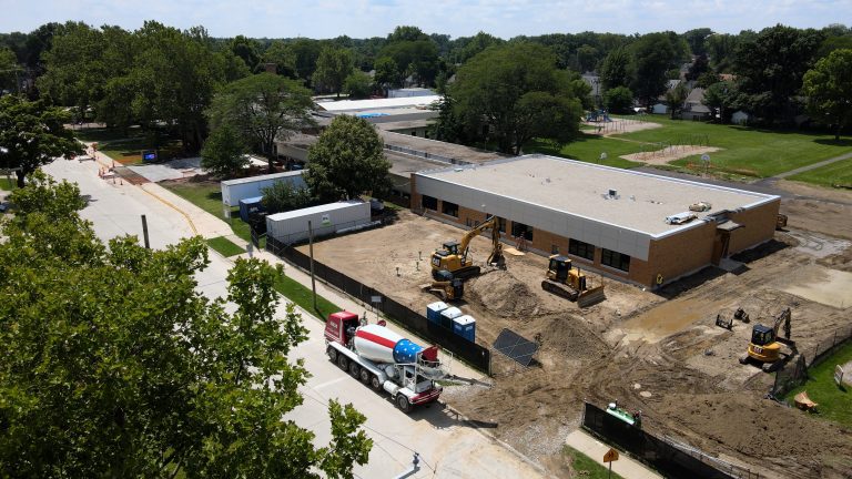 An aerial view of a six classroom addition under construction at Haigh Elementary