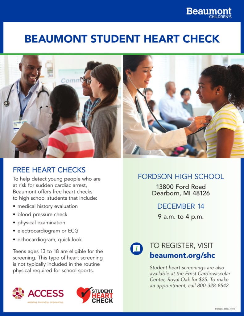 Flyer for Student Heart Check at Fordson Dec 14 9-4