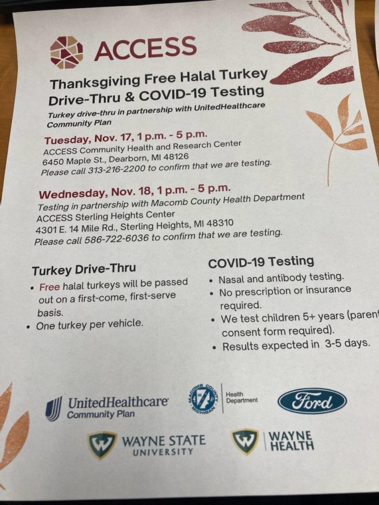 Thanksgiving Free Halal Turkey Drive-Thru and COVID-19 Testing Info. provided by ACCESS
