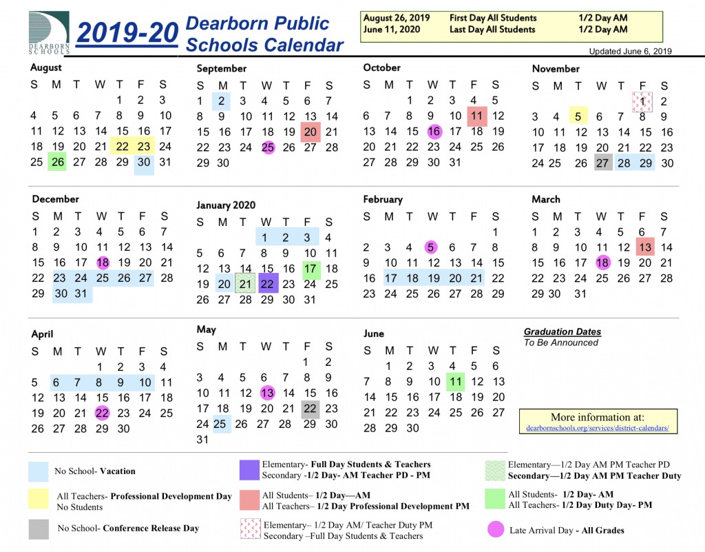 2019-2020 Dearborn Schools Calendar Updates