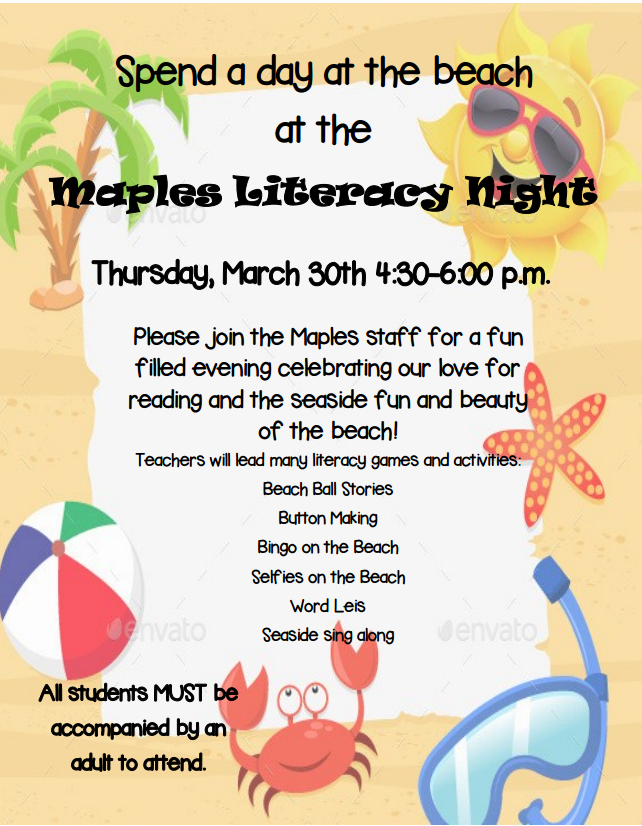 Maples Literacy Night-Tomorrow- March 30 4:30-6:00