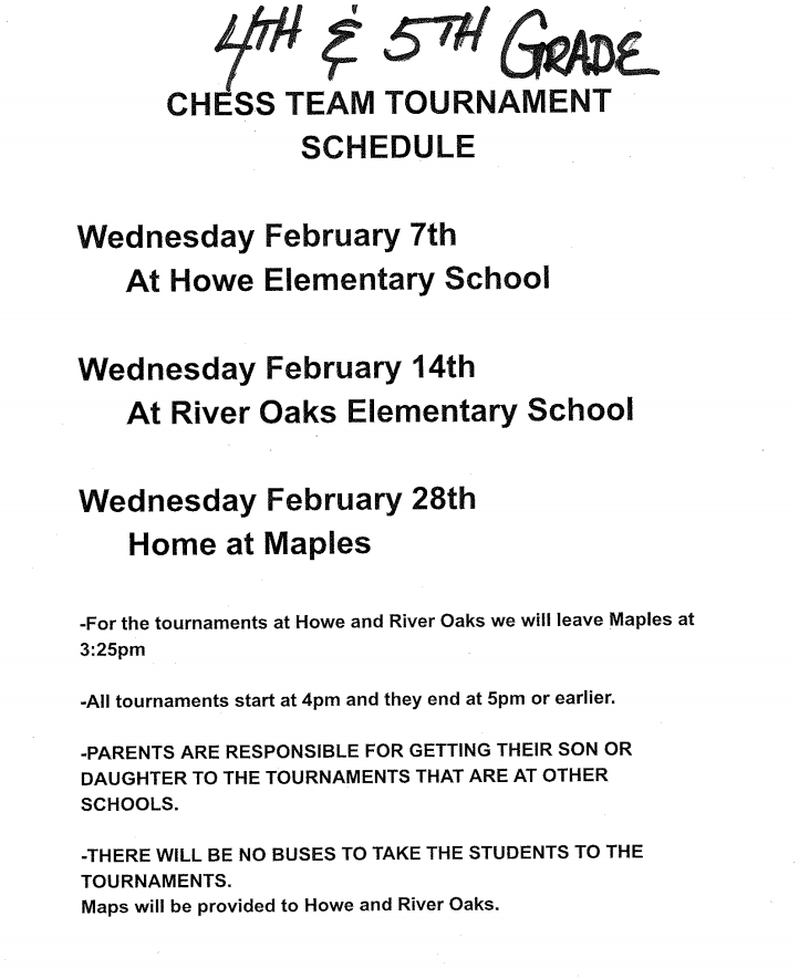 4th & 5th grade Chess Team Practice and Tournament Schedule