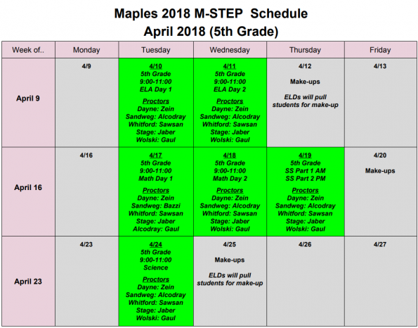 April M-STEP schedule for 5th graders