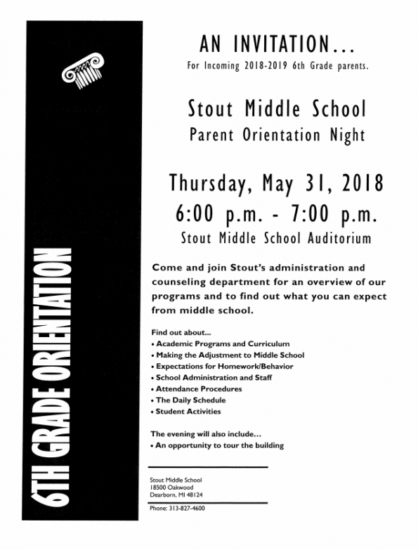 Stout Middle School Parent Orientation Night- Thursday May 31, 2018