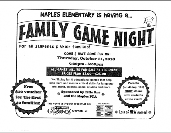Family Game Night- Thursday, October 11, 2018 5:00-6:00 pm