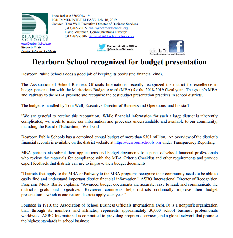 Dearborn Schools recognized for budget presentation