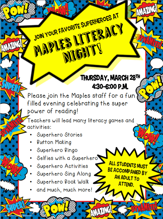 Maples Literacy Night- March 28, 2019 from 4:30-6:00 pm