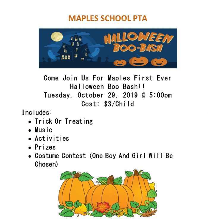 Maples School Halloween Boo-Bash- October 29, 2019 at 5:00 pm