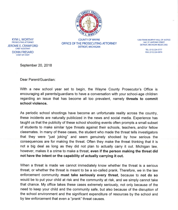 Important Letter From Wayne County Prosecutor