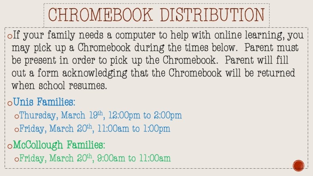 Chromebook check-out for Mc/Unis Families