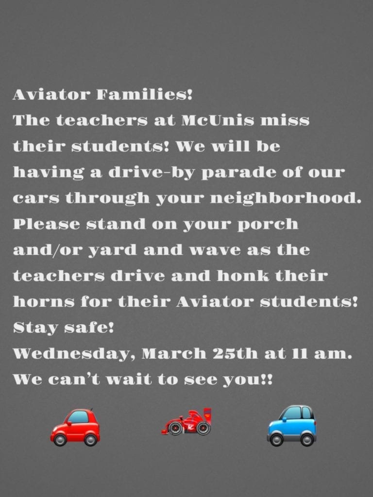 McUnis Neighborhood Drive-By Parade this Wednesday!