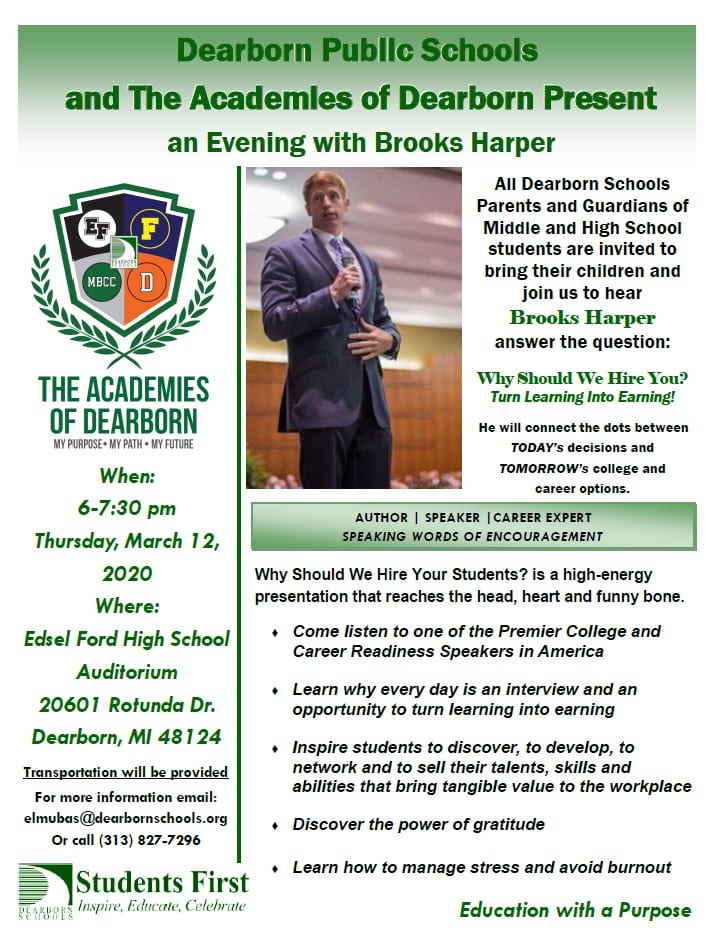 Academies of Dearborn special Speaker on March 12th