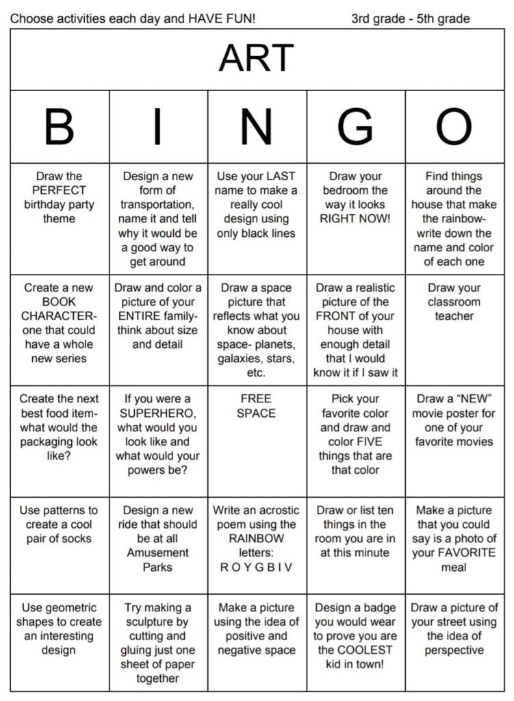 Let’s Have Fun with Art Bingo 3rd-5th