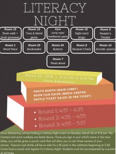 Snow Elementary Literacy Night: Monday, March 26th, 2018