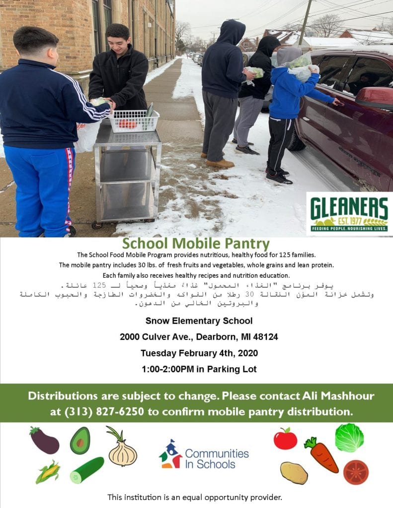 Picture of 5 teens handling bagged groceries outside of a school in the snow. A car is pulled up to the curb and three of the teens are talking to someone in the car. The other two teens are moving food to a cart with a basket on top near the curb to the street by the other teens. The text below the photo is the same as on the post "School Mobile Pantry: The School Food Mobile Program provides nutritious, healthy food for 125 families. The mobile pantry includes 30 pounds of fresh fruit and vegetables, whole grains and lean protein. Each family also receives healthy recipes and nutrition education.  Next is the same wording but translated into Arabic. 