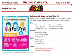 Friday, April 15, 2016 Stout Daily Bulletin