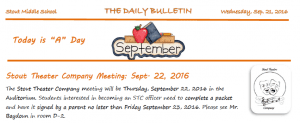 Wednesday, Sept. 21, 2016 Stout Daily Bulletin