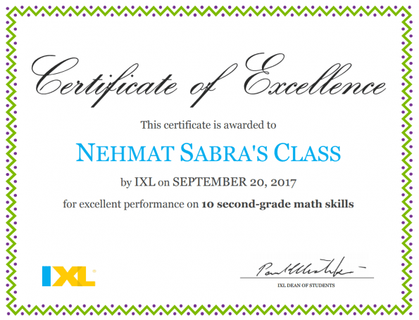 Certificate of Excellence to Mrs. Sabra Class