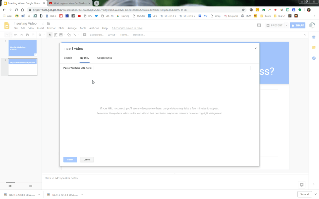 demonstration of how to paste the share link into the insert box and preview it in google slides