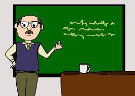 clip art of male teacher pointing to indecipherable writing on a chalkboard