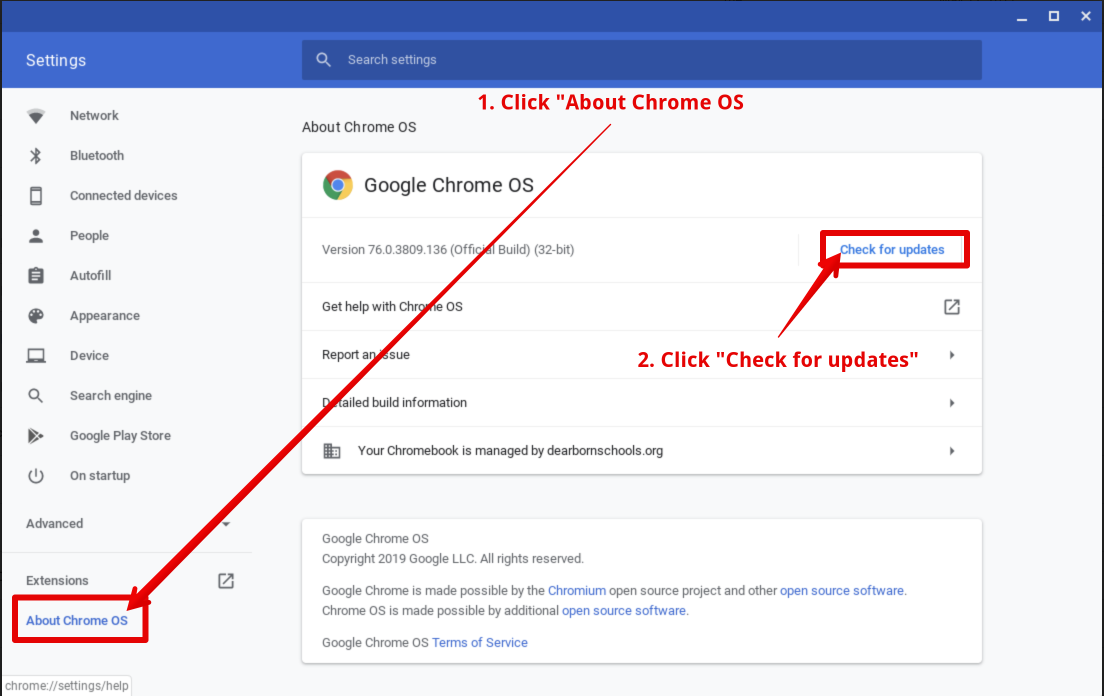 Screen shot showing "About Chrome OS" and "Check for updates" locations.