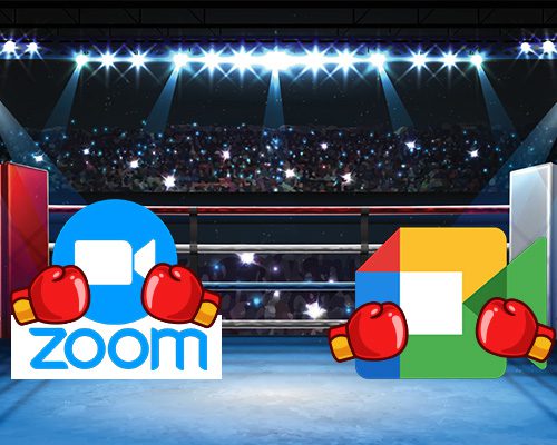 image of zoom and google meet logos in a boxing ring