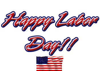 Red lettering spelling out the words Happy Labor Day in cursive with blue and white behind the red letters and 2 exclamation points. Underneath the words Happy Labor day there is an American flag with white stars, blue background in top left corner and red and white stripes.