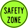 Neon green circle with a black outline around it with the words safety zone written in black bold lettering.