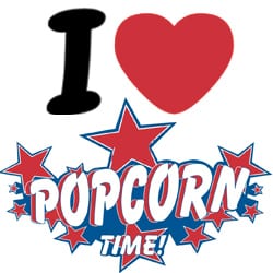 I love popcorn time with a black letter I red heart, with red stars underneath  with the word popcorn time written in white.