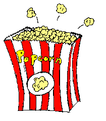 Red and white stripped bag that has yellow print with the word popcorn.  there is popcorn coming out the top with 3 popcorn pieces are coming out of the bag.  One piece of popcorn is underneath the the word popcorn that is written in yellow.