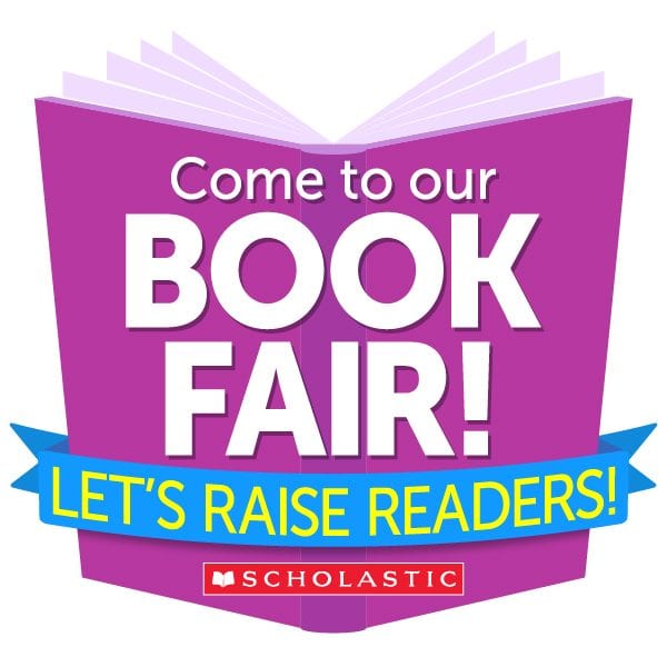Purple book that is open and with the words written in white, Come to Our Book Fair, Let's raise Readers. Scholastic