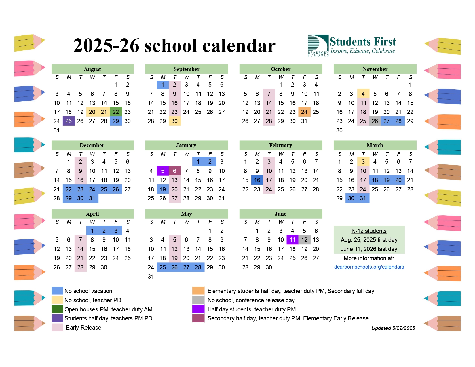 Graphic of the 2025-26 school calendar updated May 2025